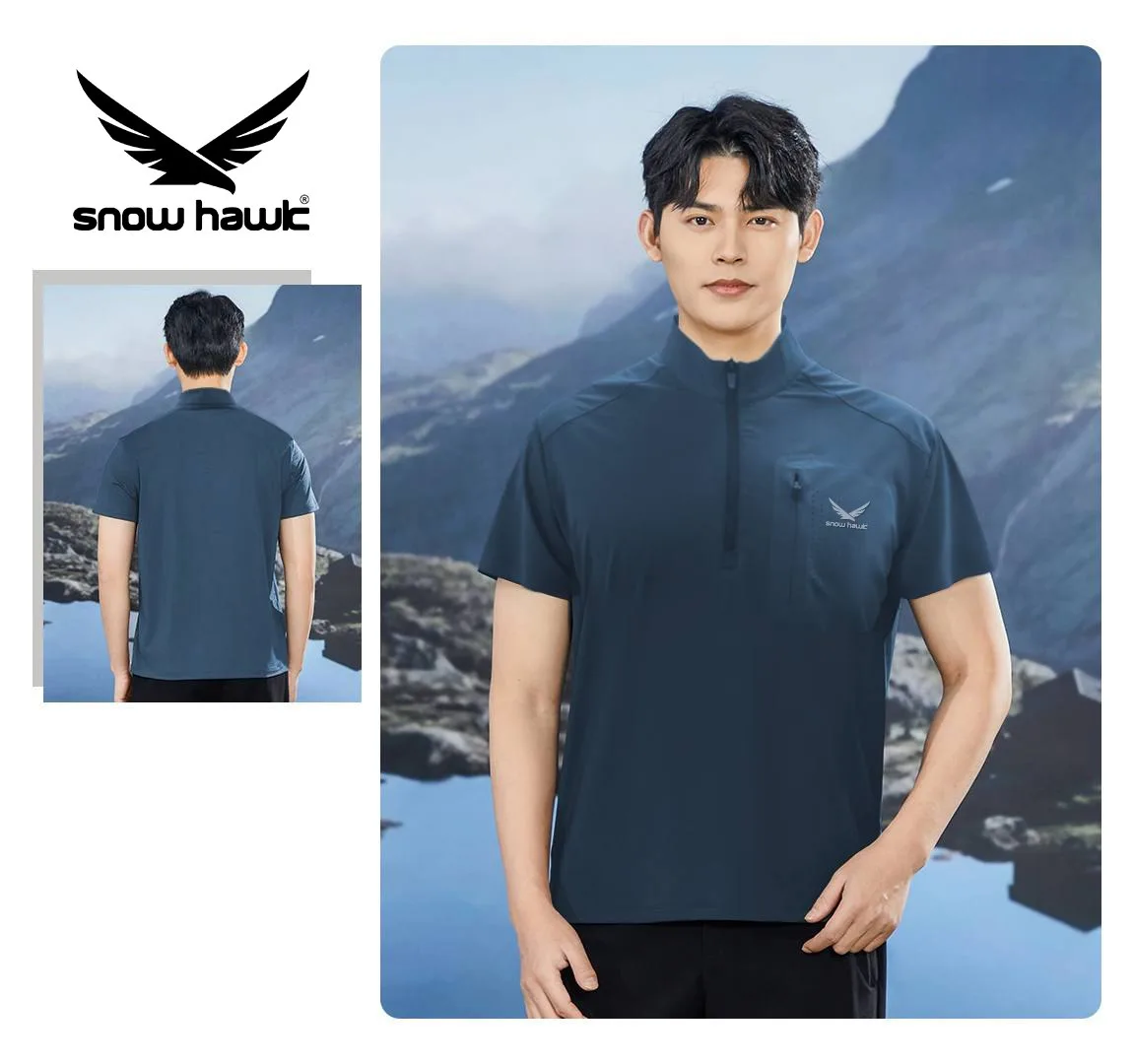 Snow hawk Men's Round Neck Half-Zip T-Shirt, Zippered Pocket, Lightweight, Quickdry, Windproof, Moisture-wicking and Anti-Odor (Code 79983) - Image 3