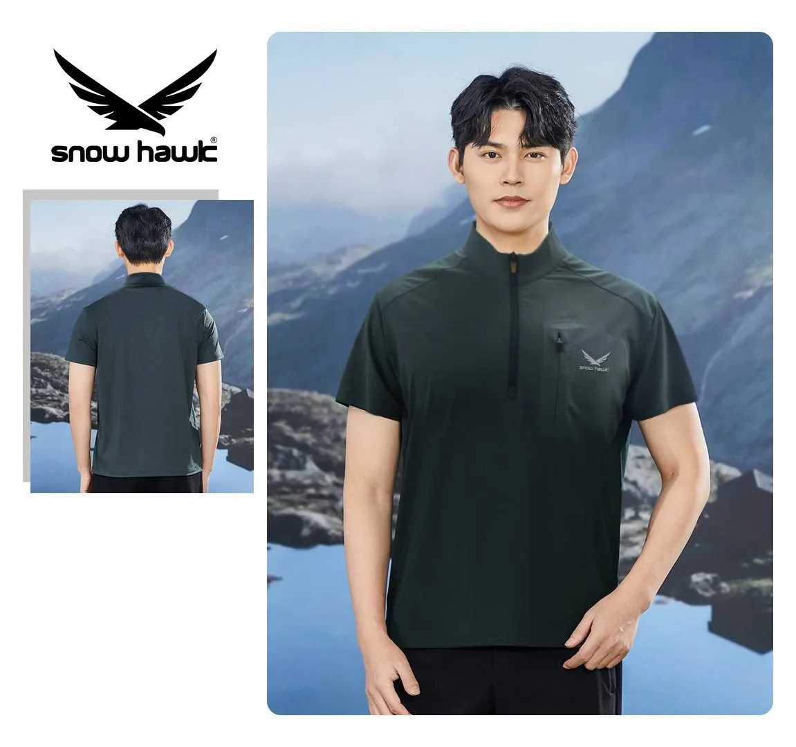 Snow hawk Men's Round Neck Half-Zip T-Shirt, Zippered Pocket, Lightweight, Quickdry, Windproof, Moisture-wicking and Anti-Odor (Code 79983) - Image 2